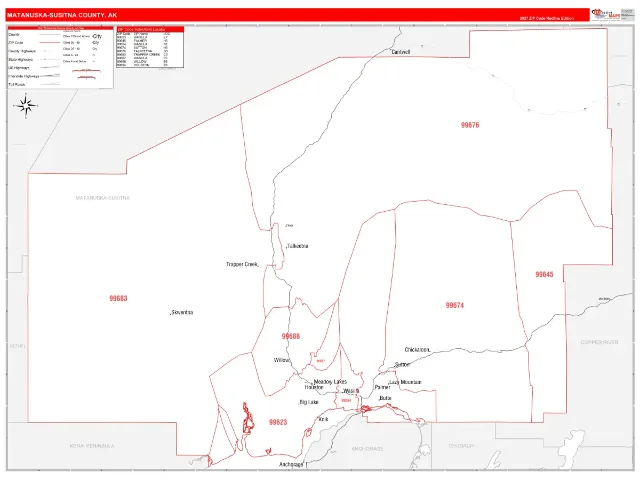 Matanuska-Susitna County, AK ZIP Code Wall Map, RedLine style