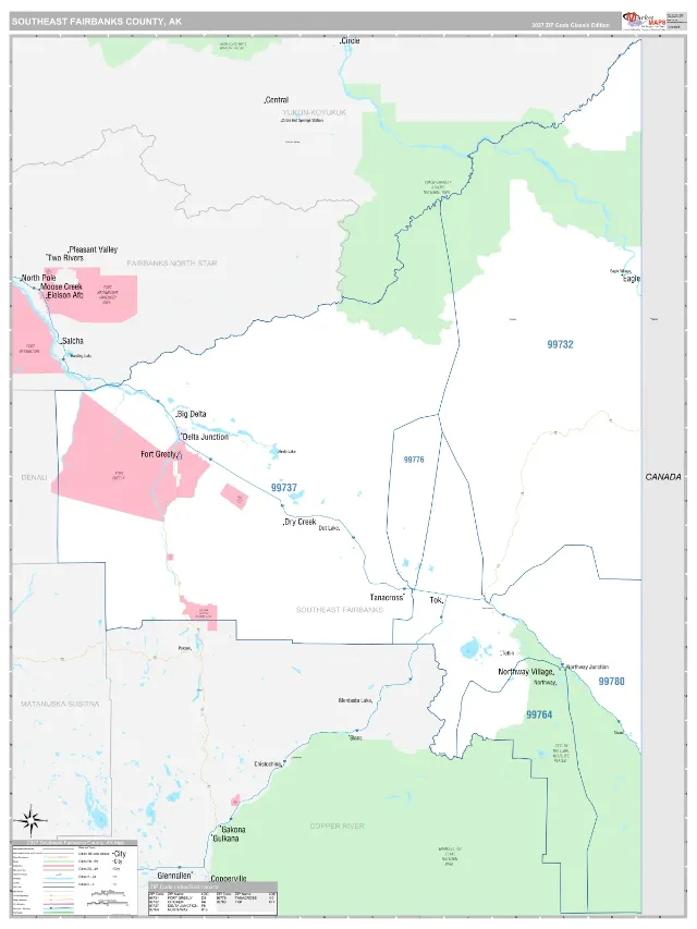 Southeast Fairbanks County, AK ZIP Code Wall Map, Classic style