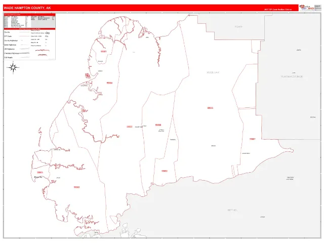Wade Hampton County, AK ZIP Code Wall Map, RedLine style