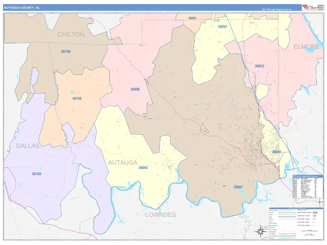 Autauga County, AL ZIP Code Wall Map, ColorCast style