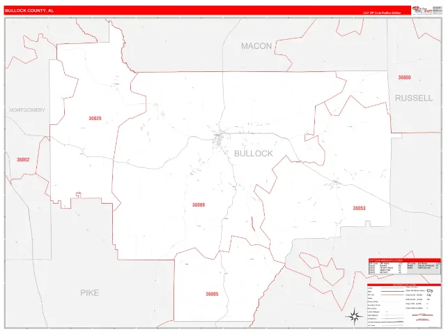 Bullock County, AL ZIP Code Wall Map, RedLine style