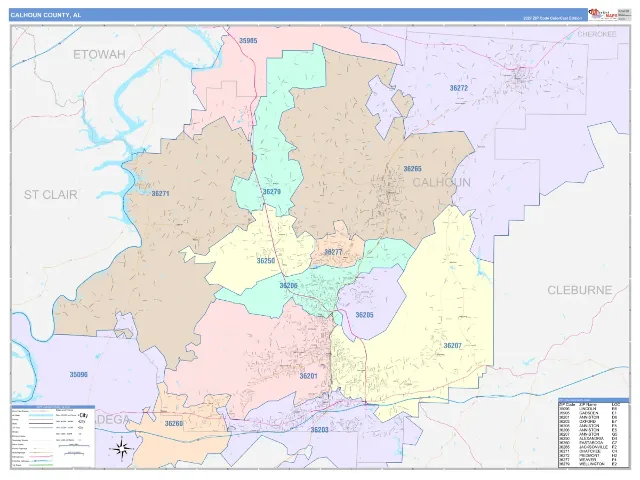 Calhoun County, AL ZIP Code Wall Map, ColorCast style