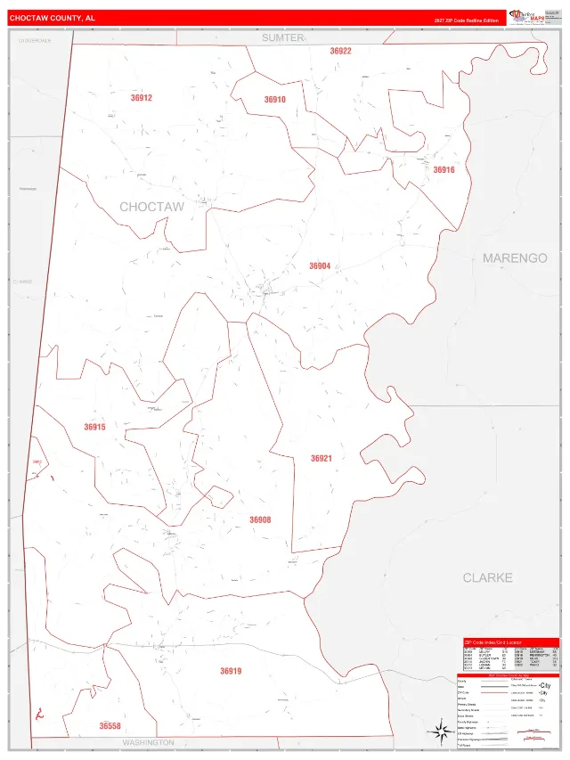 Choctaw County, AL ZIP Code Wall Map, RedLine style