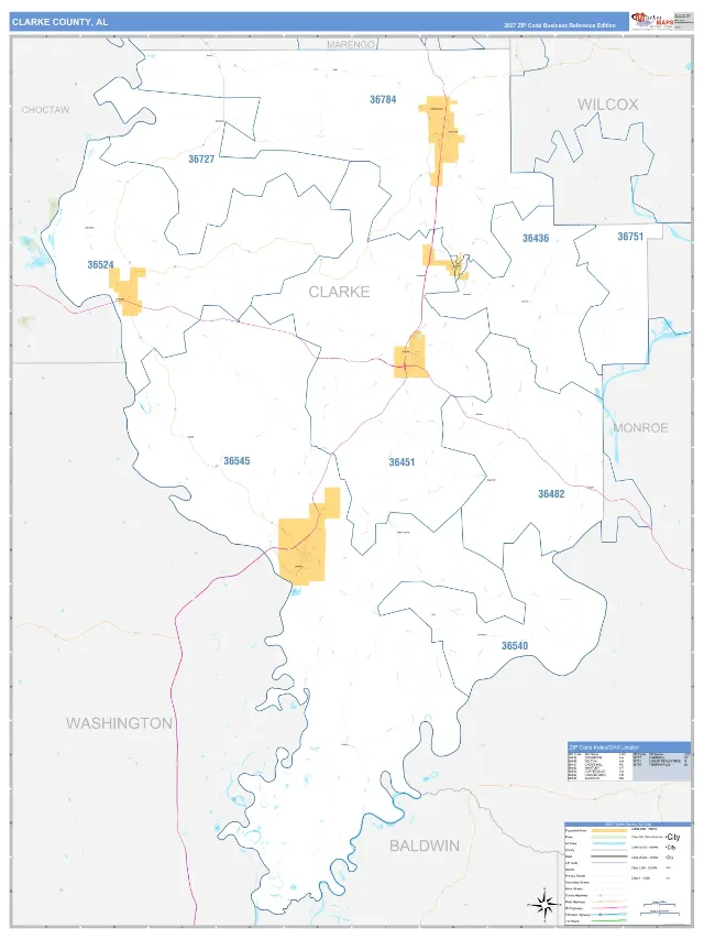 Clarke County, AL ZIP Code Wall Map, Business Reference style