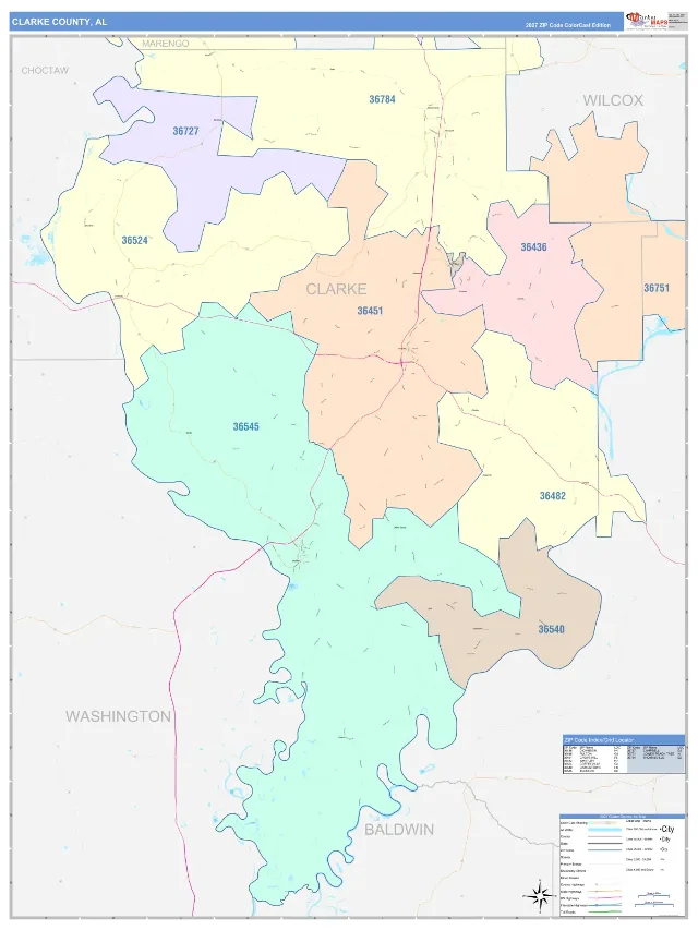 Clarke County, AL ZIP Code Wall Map, ColorCast style
