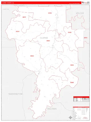 Clarke County, AL RedLine style ZIP Code wall map