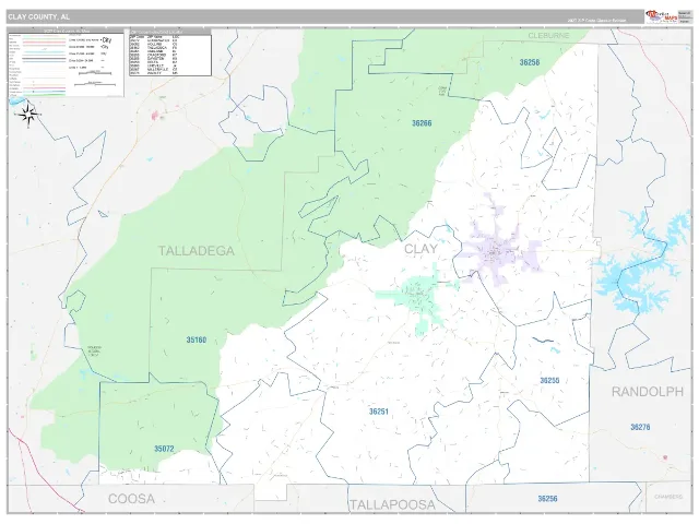 Clay County, AL ZIP Code Wall Map, Classic style