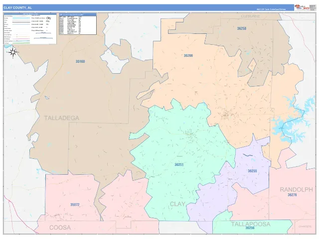 Clay County, AL ZIP Code Wall Map, ColorCast style