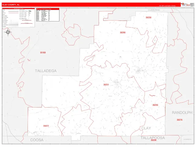 Clay County, AL ZIP Code Wall Map, RedLine style