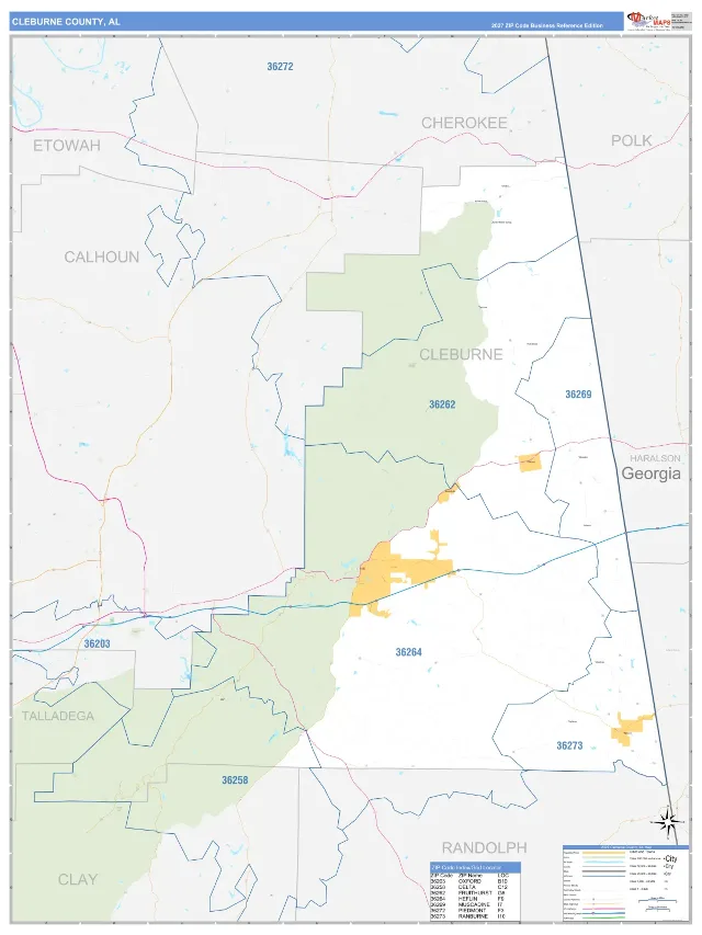 Cleburne County, AL ZIP Code Wall Map, Business Reference style