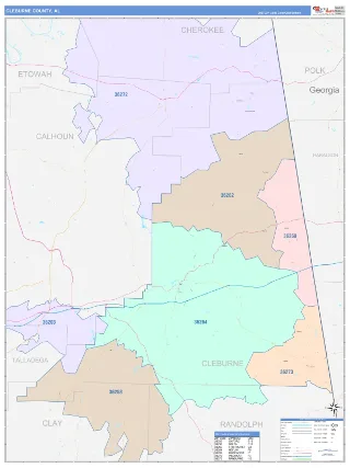 Cleburne County, AL ColorCast style ZIP Code wall map