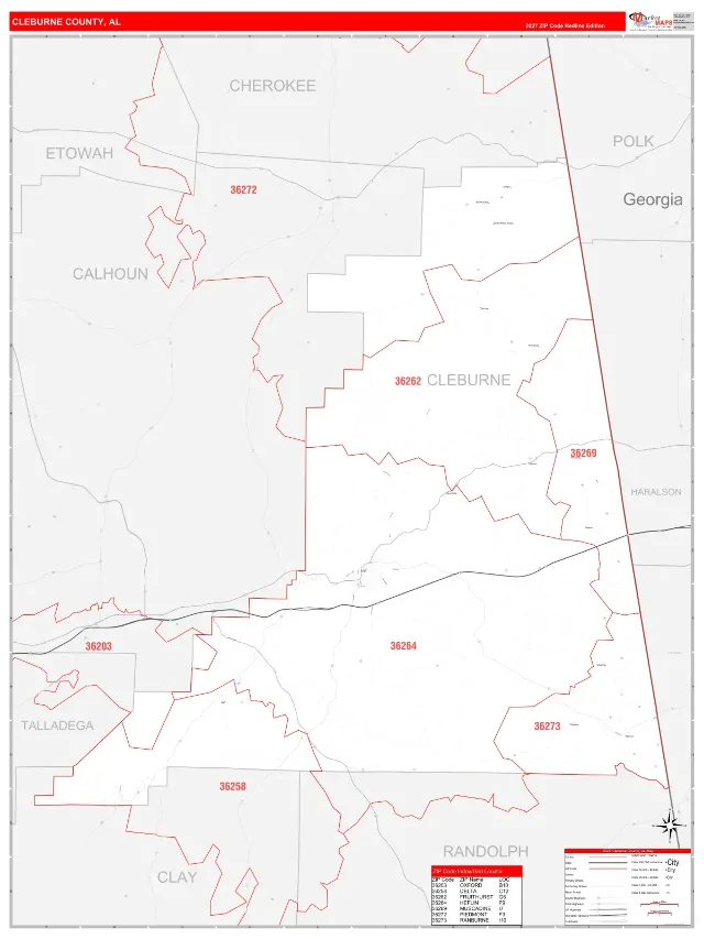 Cleburne County, AL ZIP Code Wall Map, RedLine style