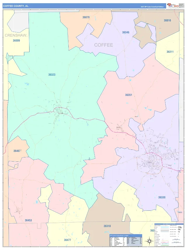 Coffee County, AL ZIP Code Wall Map, ColorCast style