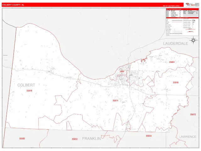 Colbert County, AL ZIP Code Wall Map, RedLine style