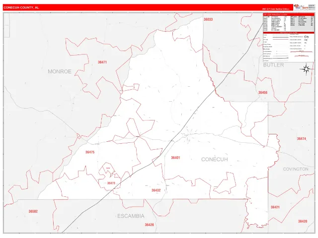 Conecuh County, AL ZIP Code Wall Map, RedLine style