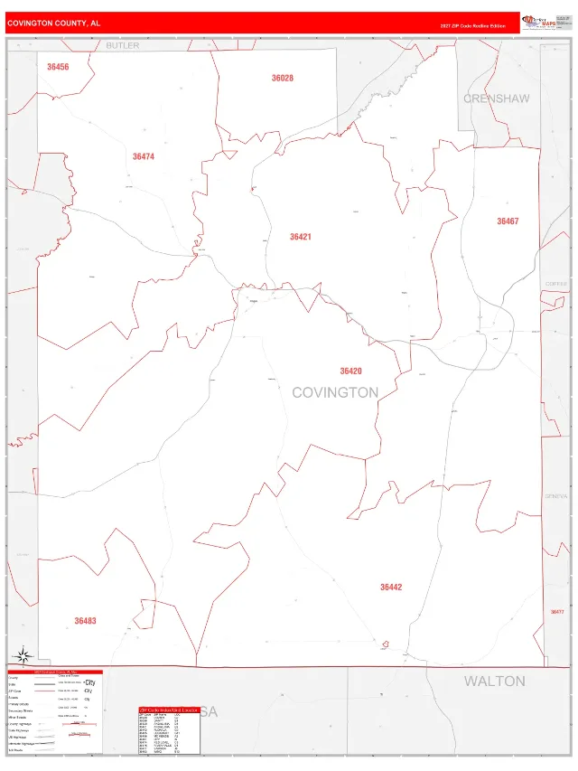 Covington County, AL ZIP Code Wall Map, RedLine style