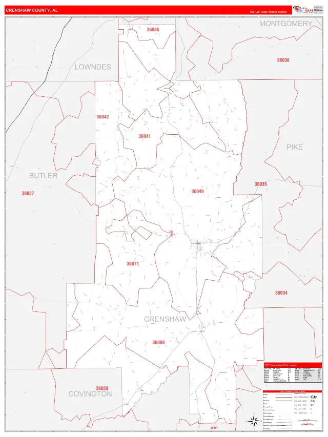 Crenshaw County, AL ZIP Code Wall Map, RedLine style