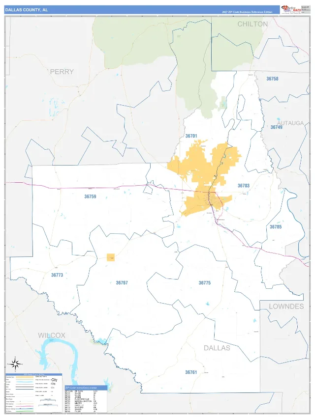 Dallas County, AL ZIP Code Wall Map, Business Reference style