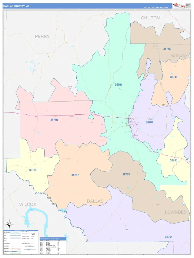 Dallas County, AL ZIP Code Wall Map, ColorCast style