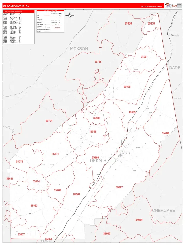 DeKalb County, AL ZIP Code Wall Map, RedLine style