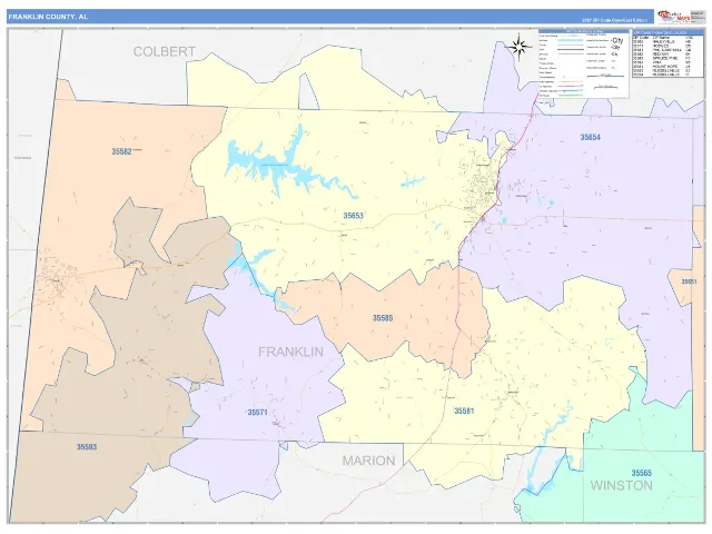 Franklin County, AL ZIP Code Wall Map, ColorCast style