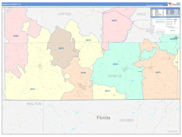 Geneva County, AL ZIP Code Wall Map, ColorCast style