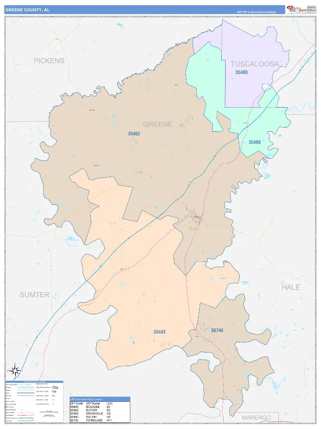 Greene County, AL ZIP Code Wall Map, ColorCast style