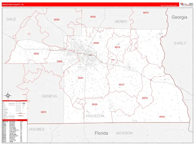 Houston County, AL ZIP Code Wall Map, RedLine style