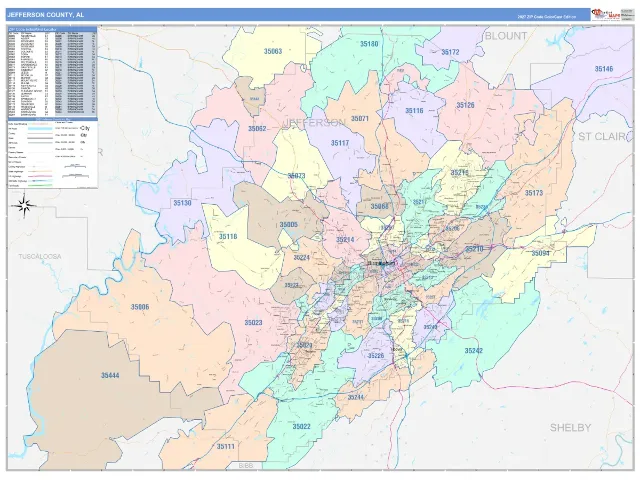 Jefferson County, AL ZIP Code Wall Map, ColorCast style