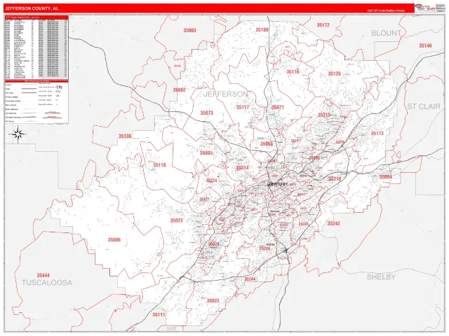 Jefferson County, AL ZIP Code Wall Map, RedLine style