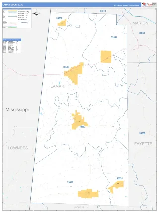 Lamar County, AL Business Reference style ZIP Code wall map