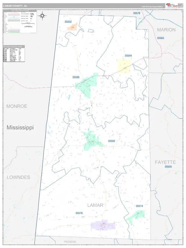 Lamar County, AL ZIP Code Wall Map, Classic style