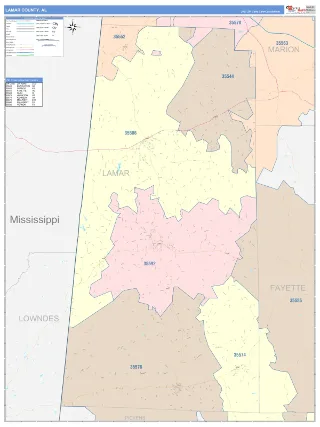 Lamar County, AL ColorCast style ZIP Code wall map