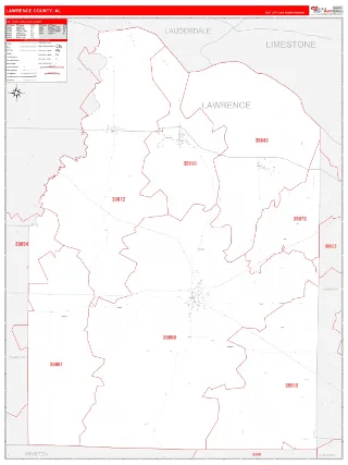 Lawrence County, AL RedLine style ZIP Code wall map