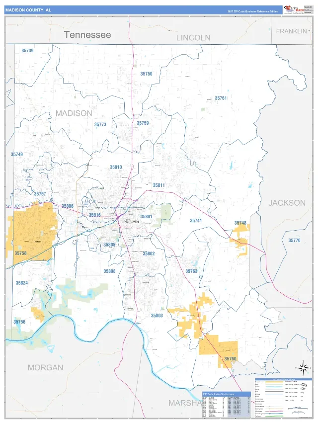 Madison County, AL ZIP Code Wall Map, Business Reference style