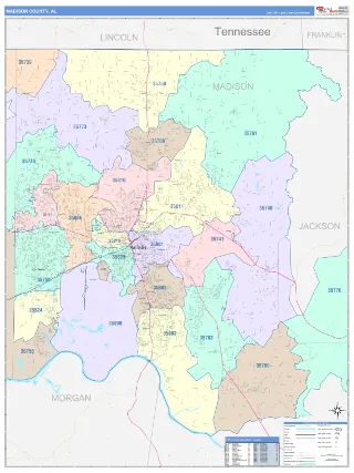Madison County, AL ColorCast style ZIP Code wall map