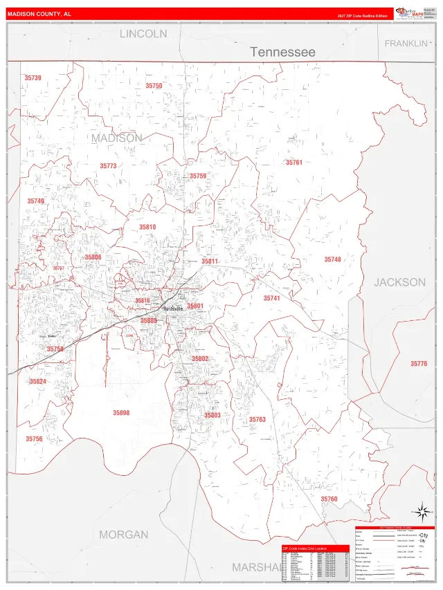 Madison County, AL ZIP Code Wall Map, RedLine style