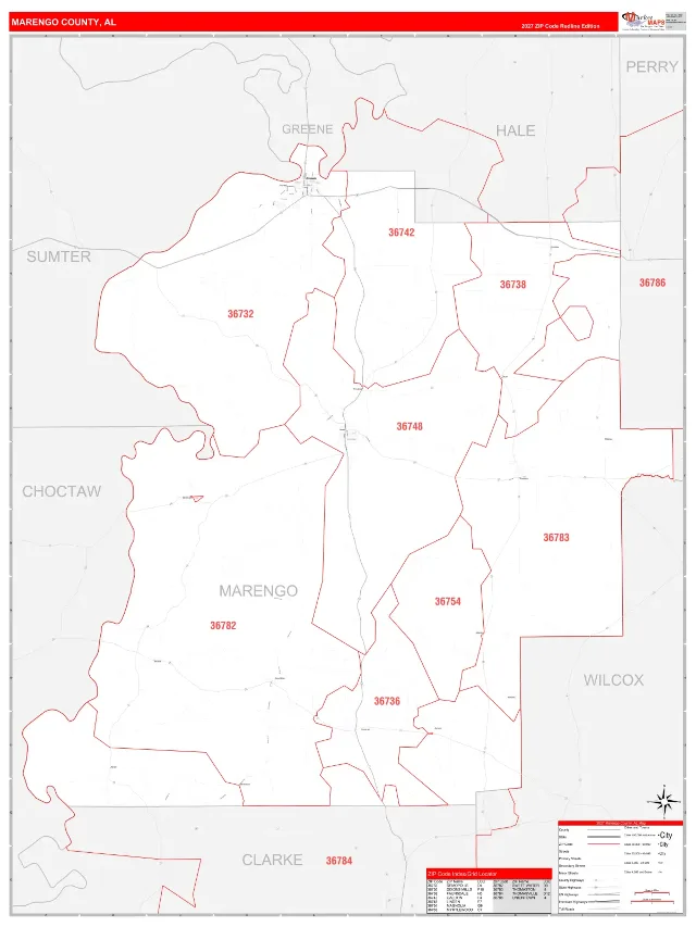 Marengo County, AL ZIP Code Wall Map, RedLine style