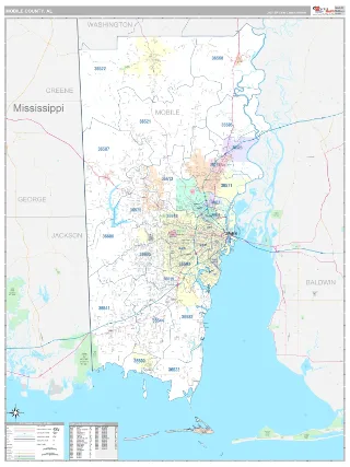 Mobile County, AL Classic style ZIP Code wall map