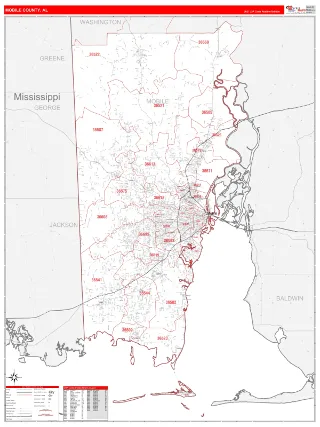 Mobile County, AL RedLine style ZIP Code wall map