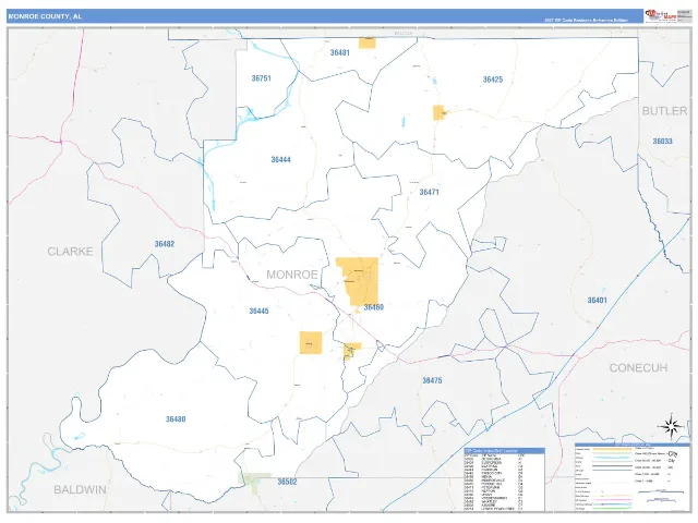 Monroe County, AL ZIP Code Wall Map, Business Reference style