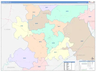 Monroe County, AL ColorCast style ZIP Code wall map