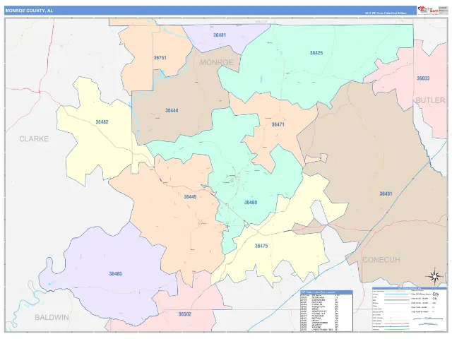Monroe County, AL ZIP Code Wall Map, ColorCast style
