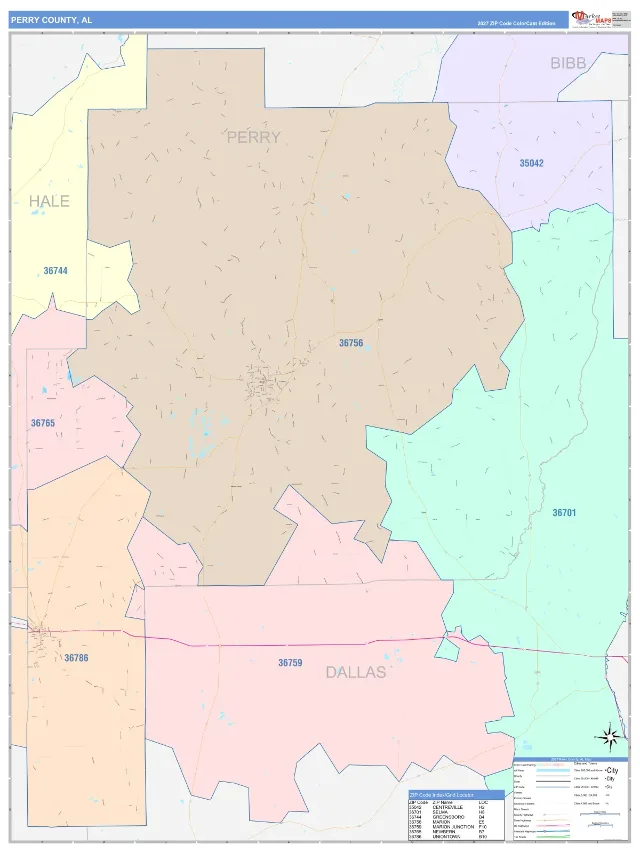 Perry County, AL ZIP Code Wall Map, ColorCast style