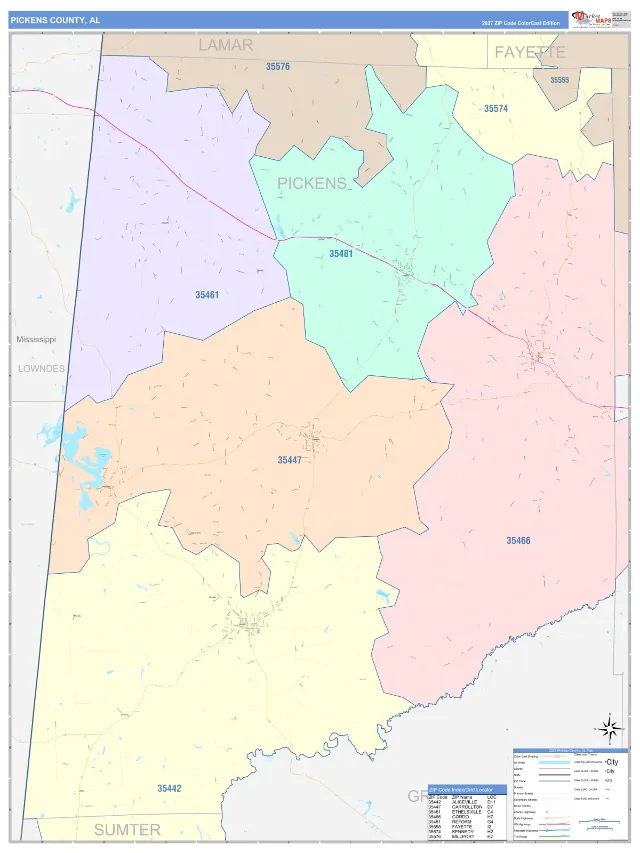 Pickens County, AL ZIP Code Wall Map, ColorCast style