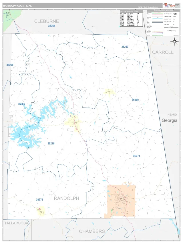 Randolph County, AL ZIP Code Wall Map, Classic style