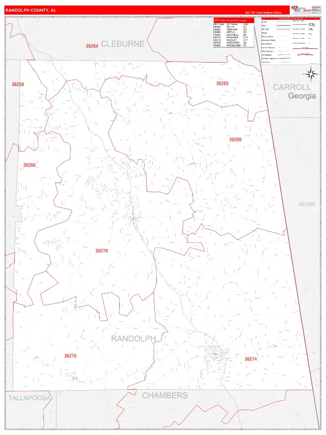 Randolph County, AL ZIP Code Wall Map, RedLine style