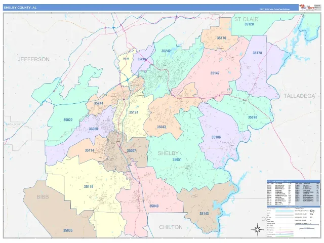 Shelby County, AL ZIP Code Wall Map, ColorCast style