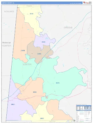 Sumter County, AL ColorCast style ZIP Code wall map