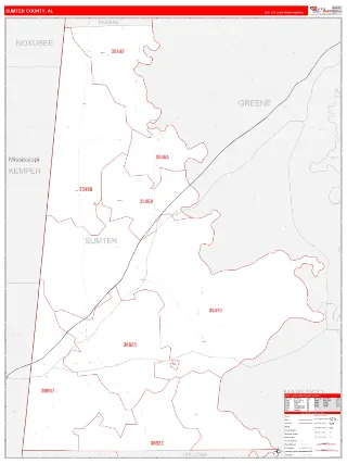 Sumter County, AL RedLine style ZIP Code wall map